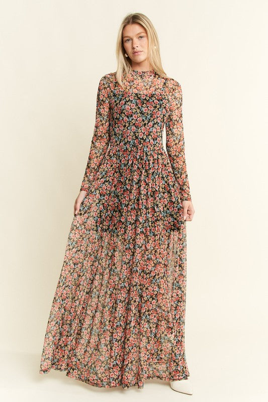 Floral Print Black Maxi Dress