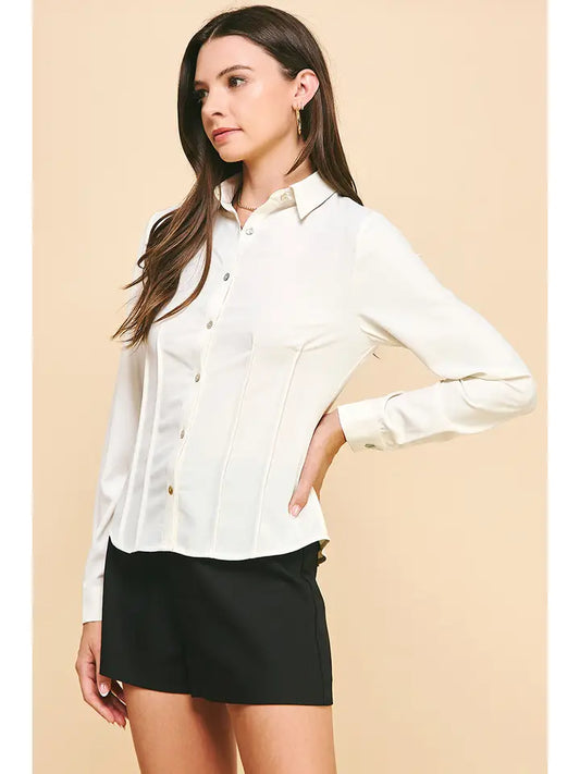 Pintuck Beige Button Down Shirt
