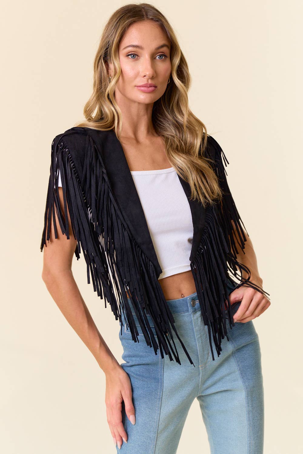 Black Fringe Suede Collar Shrug