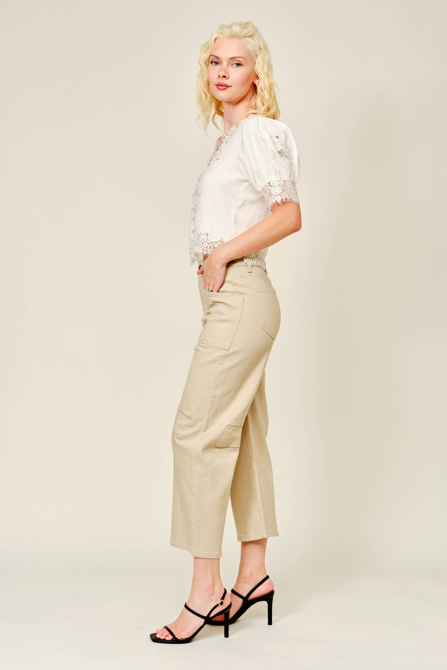 Lace Trim Puff Sleeve Button Blouse
