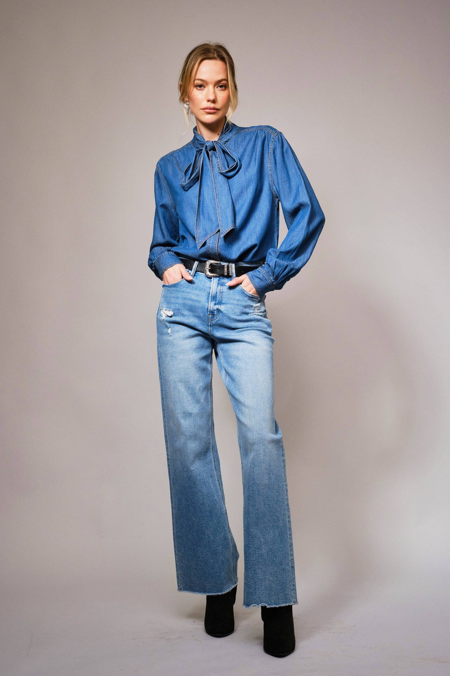 Tie Neck Hidden Button Chambray Blouse