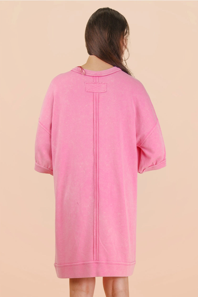 Pink Mineral Washed French Terry Knit Casual Mini Dress