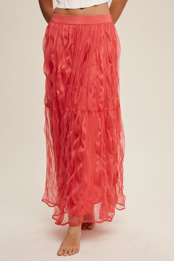 Coral Crinkled Mesh Maxi Skirt