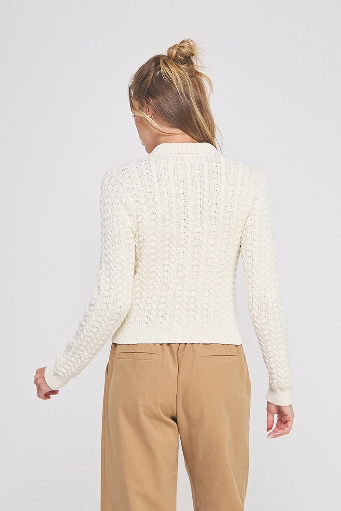 Cream Cable Knit Button Down Sweater Top