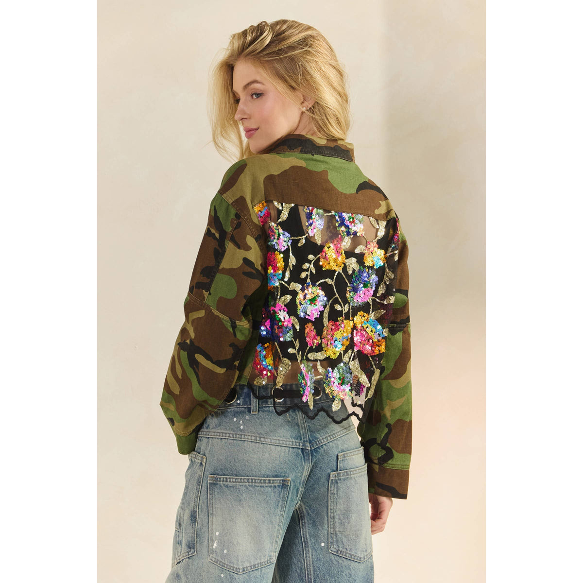 Camo Contrast Jacket: Camo Sequin