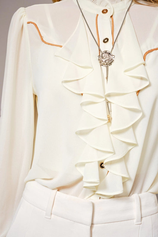 Chelsea Ruffle Front Button Up Blouse