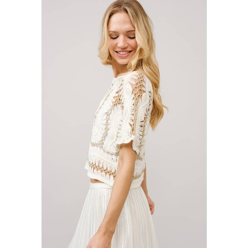 Crochet Metallic Short Sleeve Thread Crop Top: TAUPE / S-M-L(2-2-2)