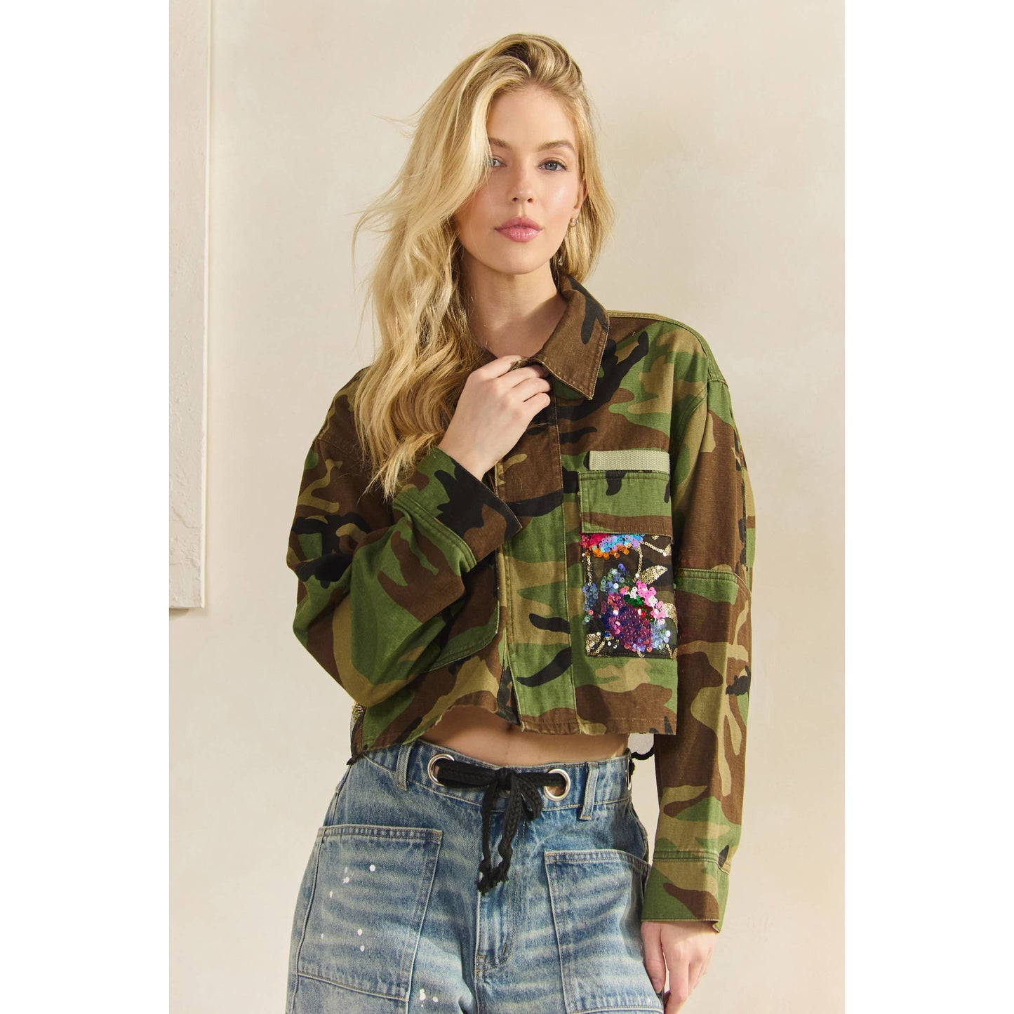Camo Contrast Jacket: Camo Sequin