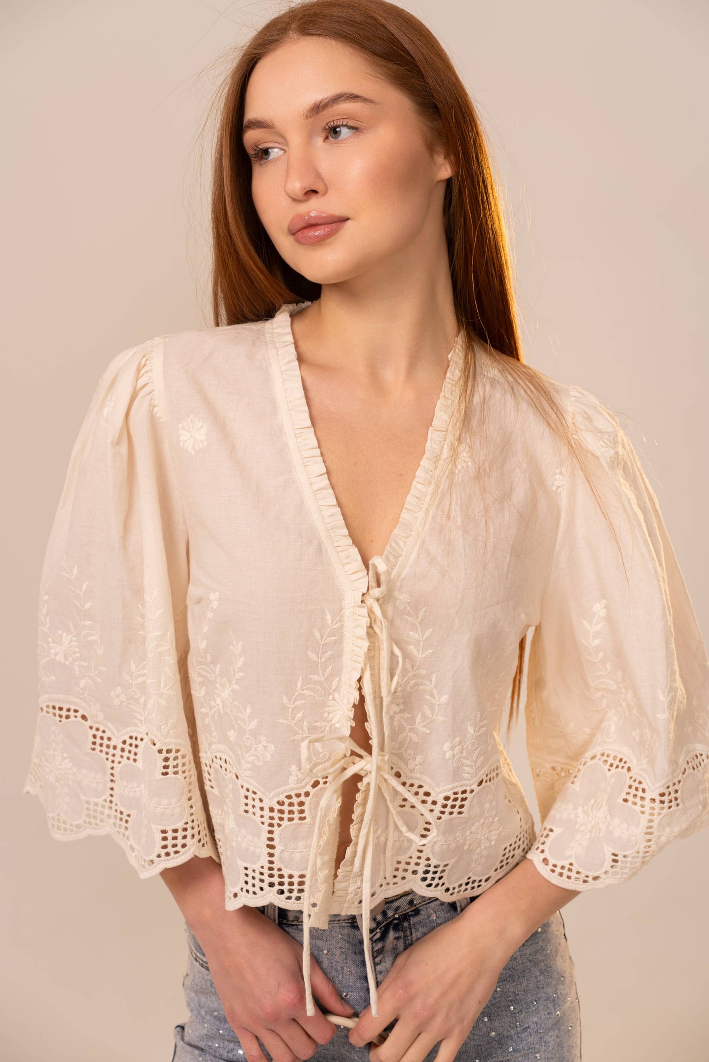 Ivory Puff Sleeve Embroidered Eyelet Tie Blouse