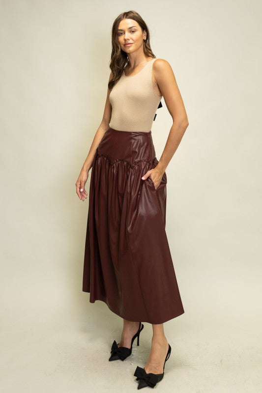Bordeaux Gathered Midi Skirt
