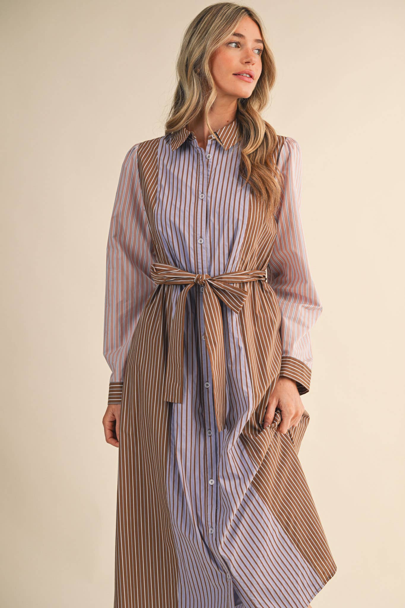 Mixed Stripe Belted Button Down Midi Dress