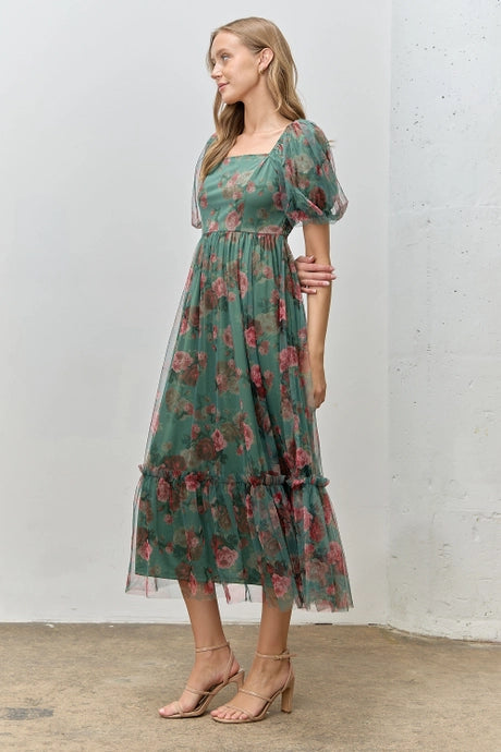 Green Floral Printed Tulle Maxi Dress
