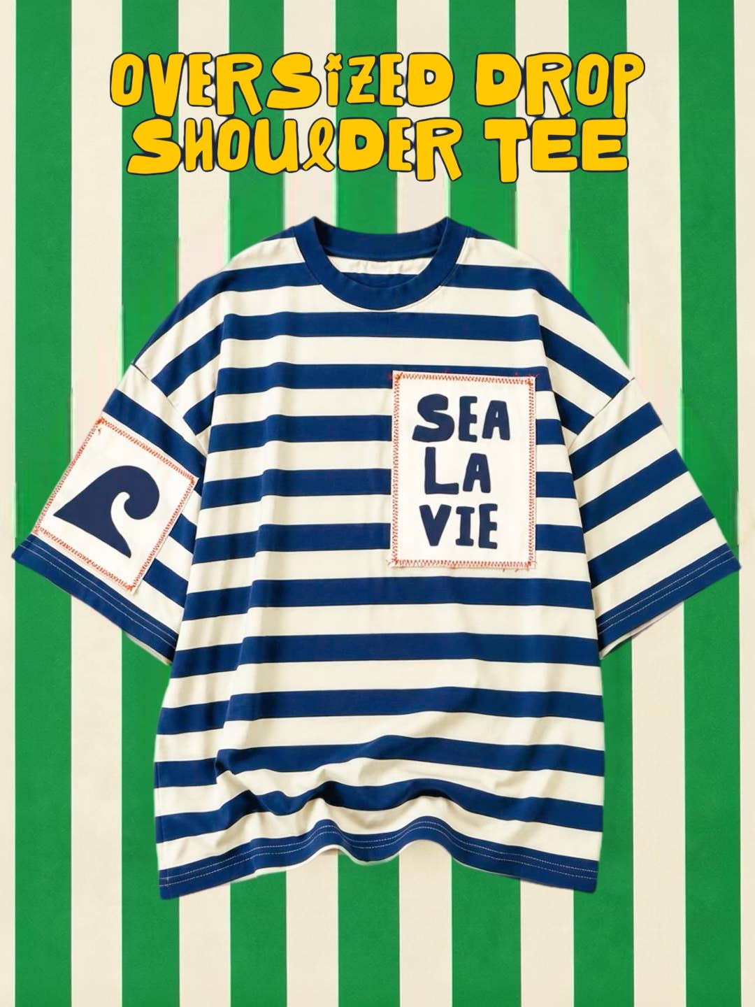 Sea La Vie Oversized Patch Stripe Tee: Navy Stripe / XS