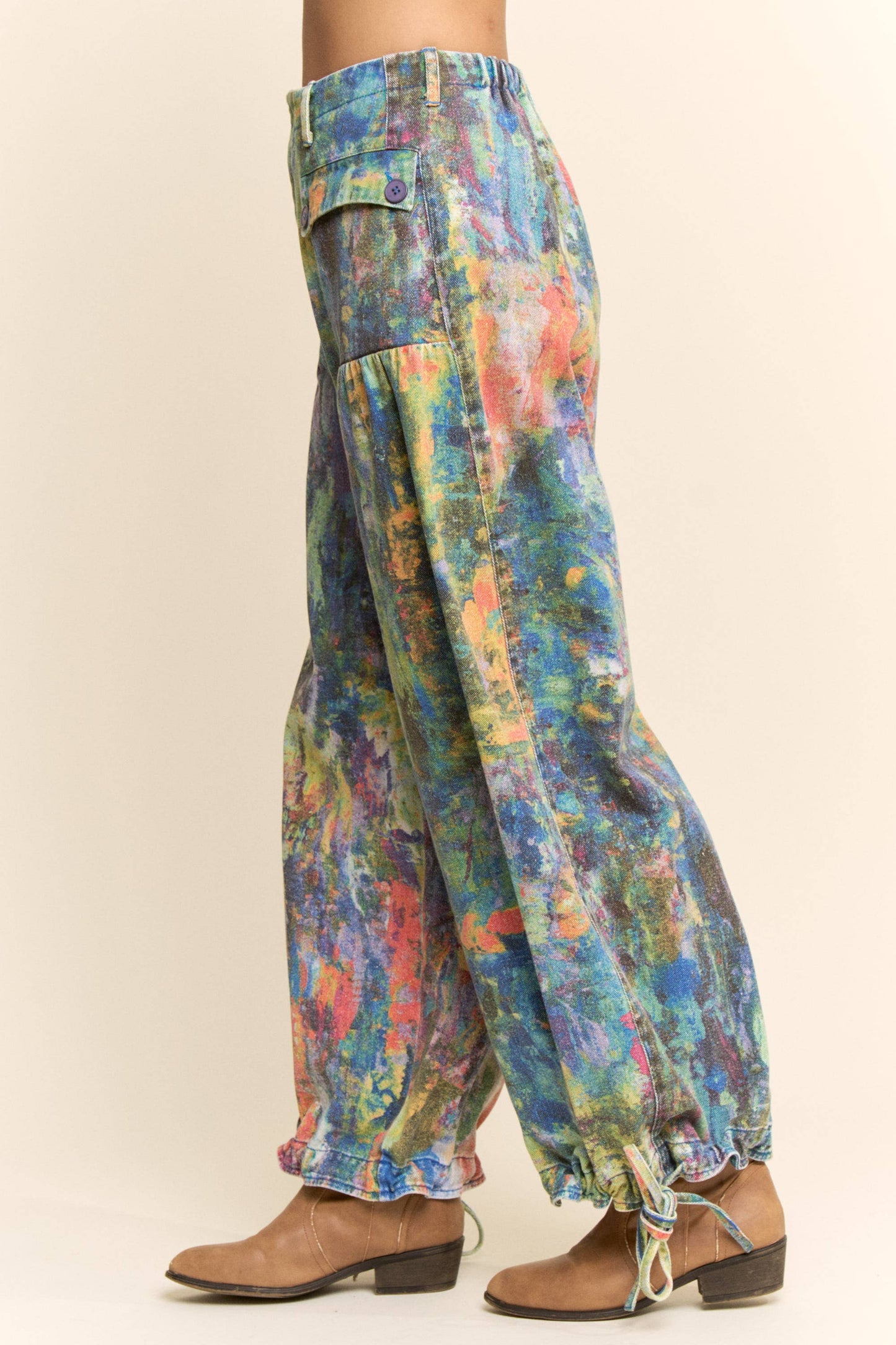 Lime Green and Cobalt Paint Printed Denim Pants