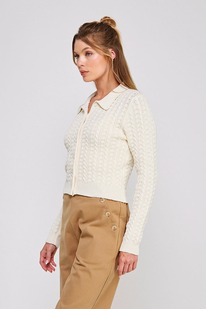 Cream Cable Knit Button Down Sweater Top