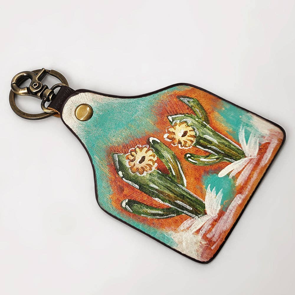 Hand-Painted Cowhide Leather Keyring   Southwestern Cactus Bloom Design