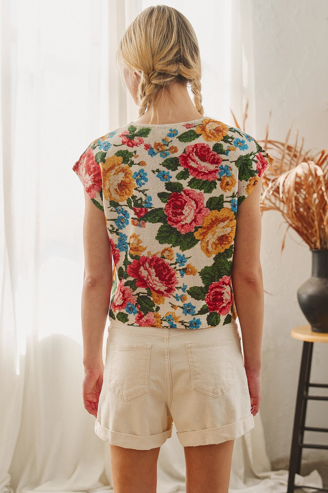 Floral Tapestry Button Knit Top