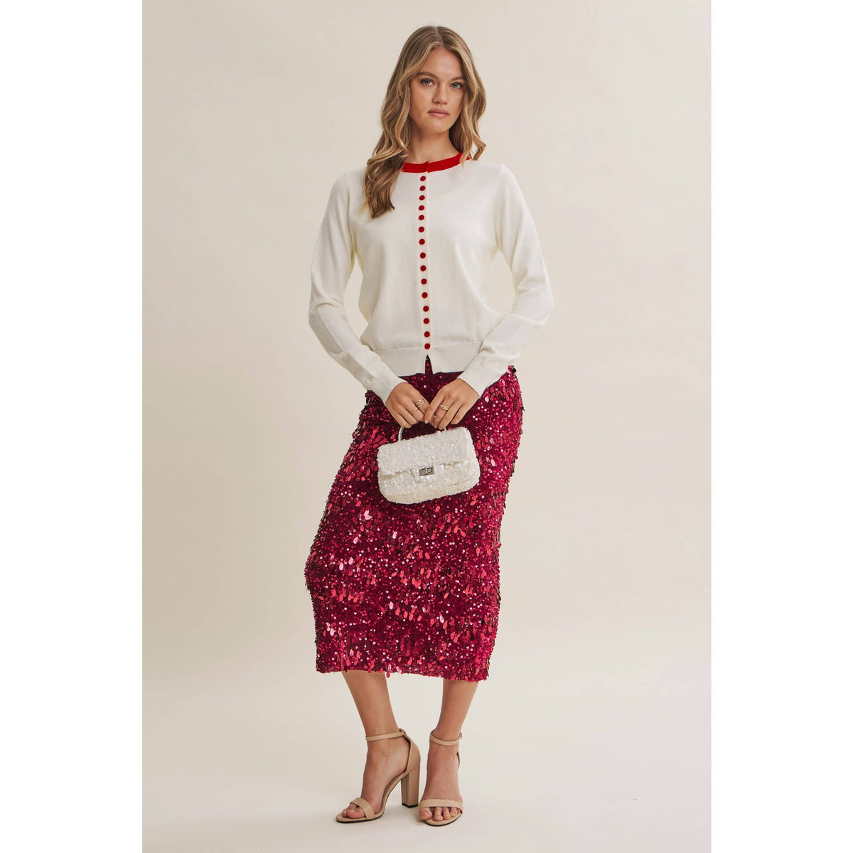 Harvest Glow Sequin Midi Skirt in Cranberry Kiss