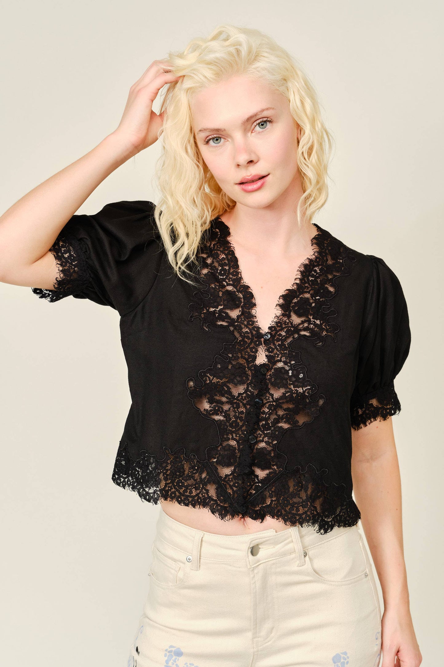 Lace Trim Puff Sleeve Button Blouse