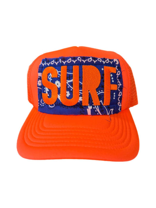 Neon Orange and Blue Bandana Patch Embroidered Surf Trucker Hat