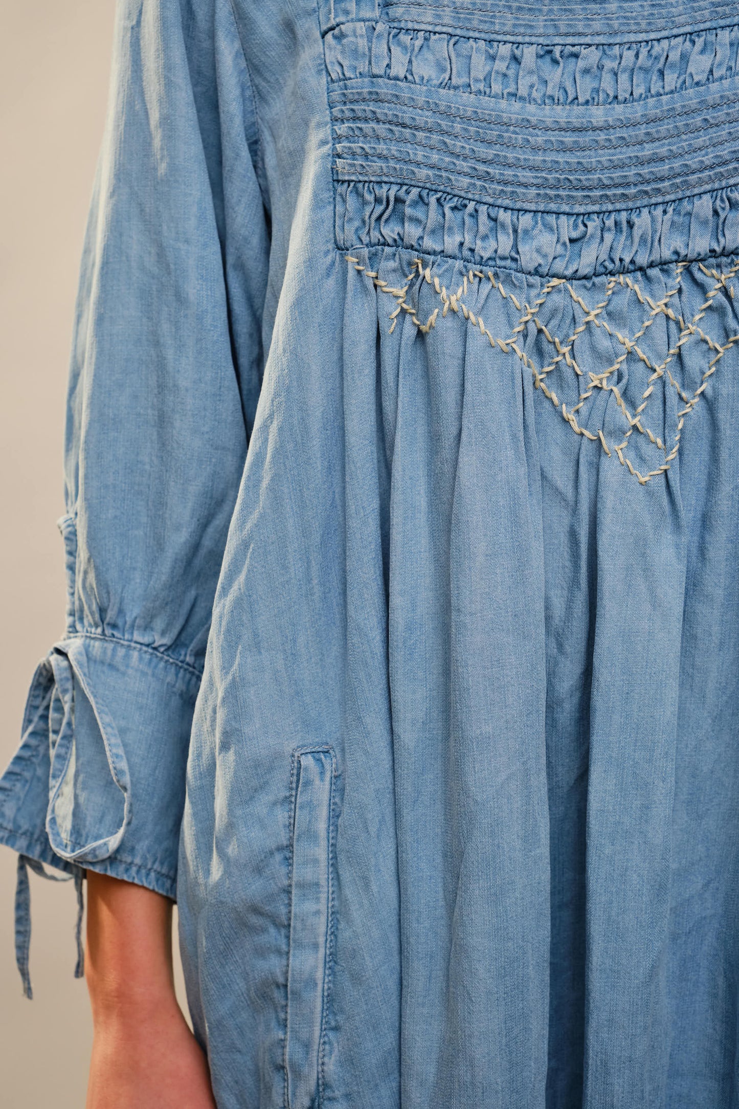3/4 Sleeve Stitch Detail Chambray Dress