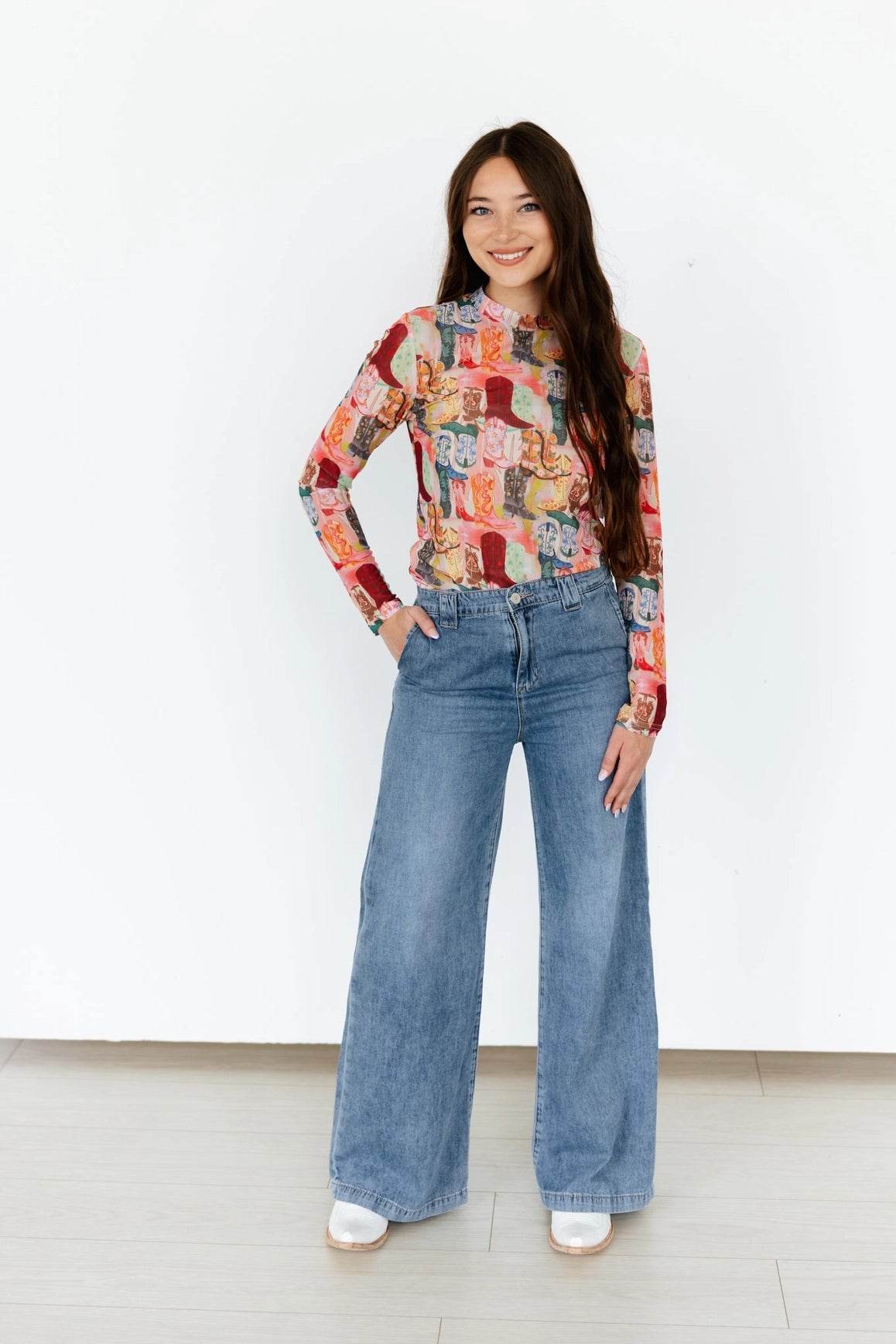 Boot Scootin’ Cowboy Boot Print Mesh Top