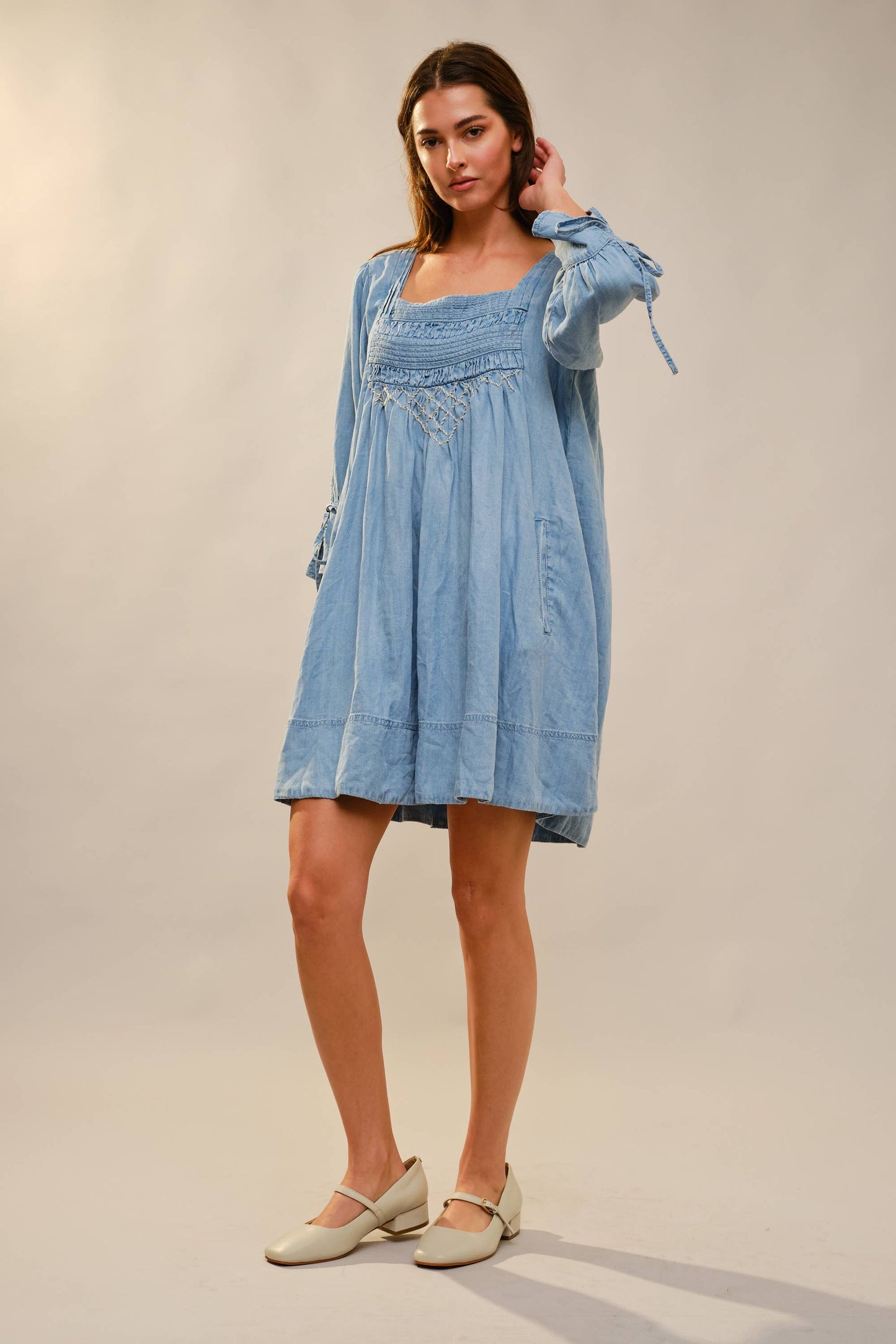 3/4 Sleeve Stitch Detail Chambray Dress