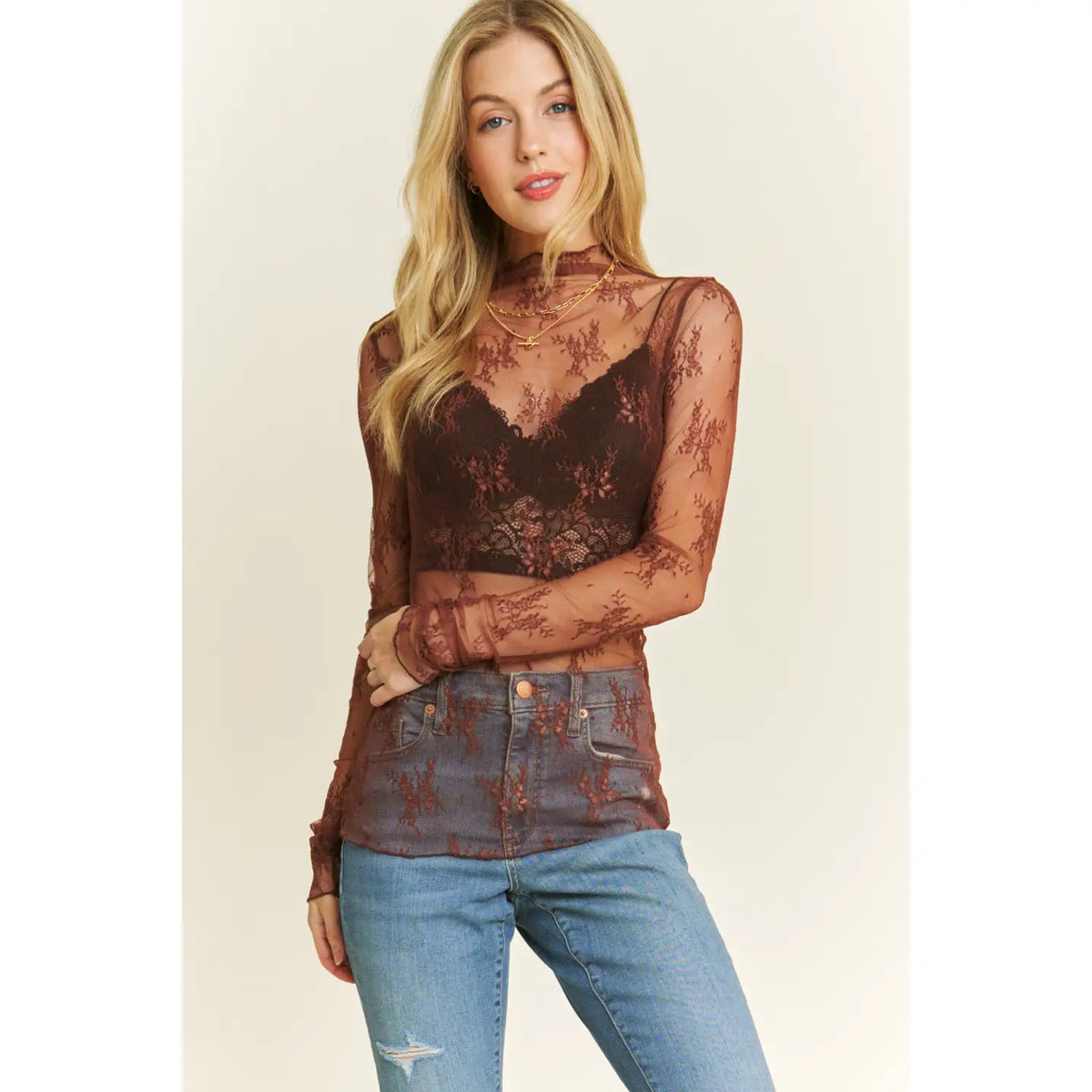 Chocolate Sheer Lace Long Sleeve Mesh Top