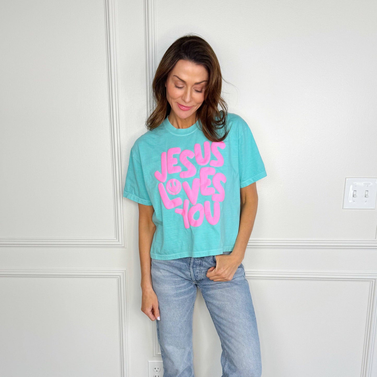 Neon Cantaloupe Smiley Jesus Loves You Puff Cropped Tee