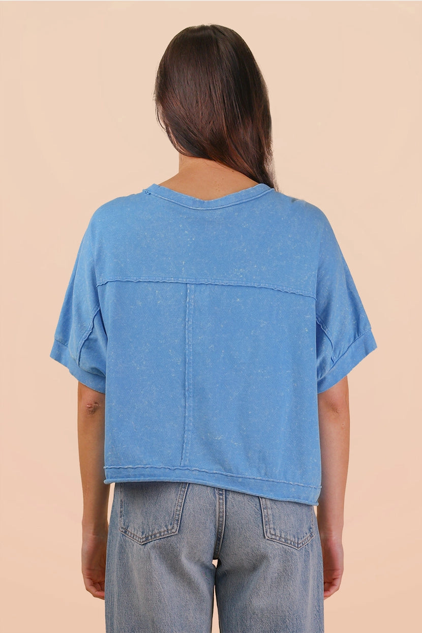 Blue Mineral Washed Oversized Crop Comfy Knit Top