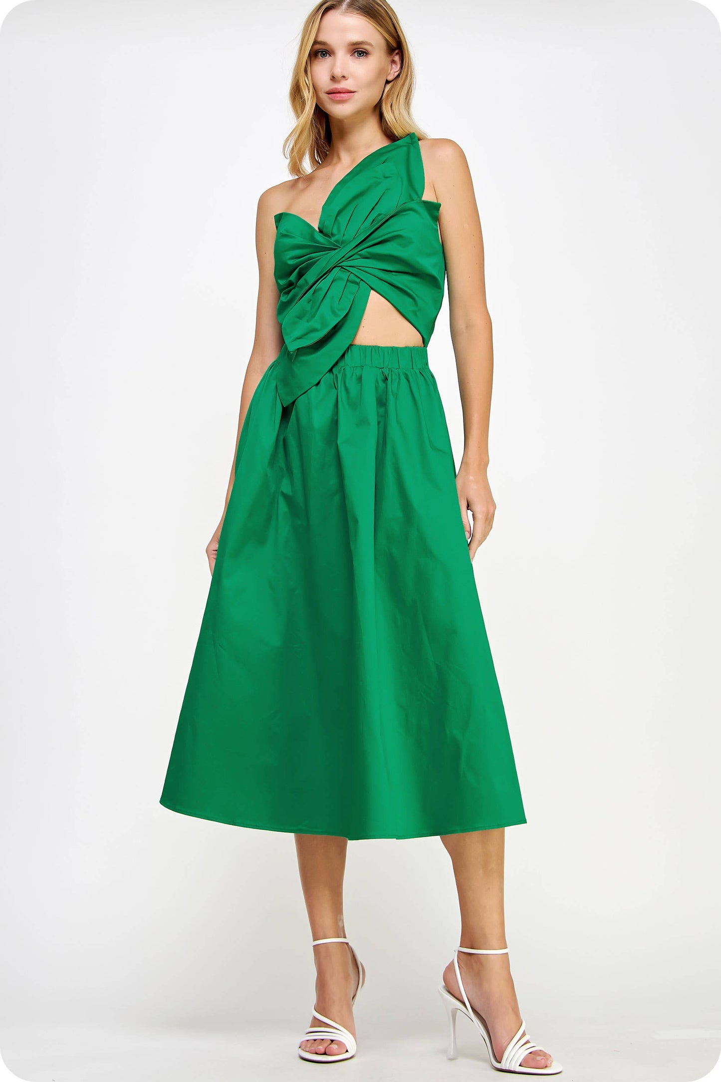 Knotted Flower Bow Midi Dress: Cherry Red / S