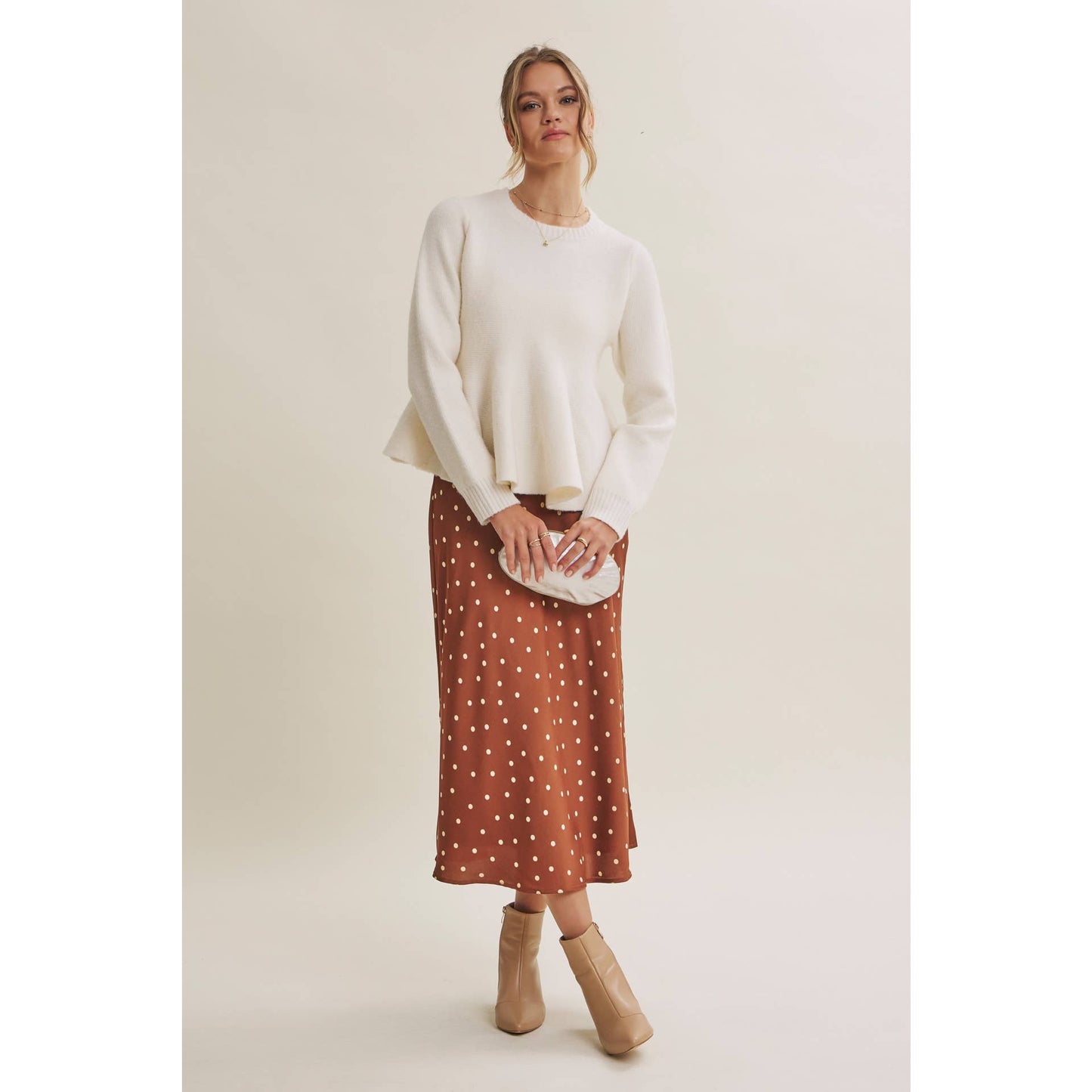 NOSTALGIC AND MODERN SATIN POLKA DOT BIAS MIDI SKIRT: CAMEL/BEIGE / L