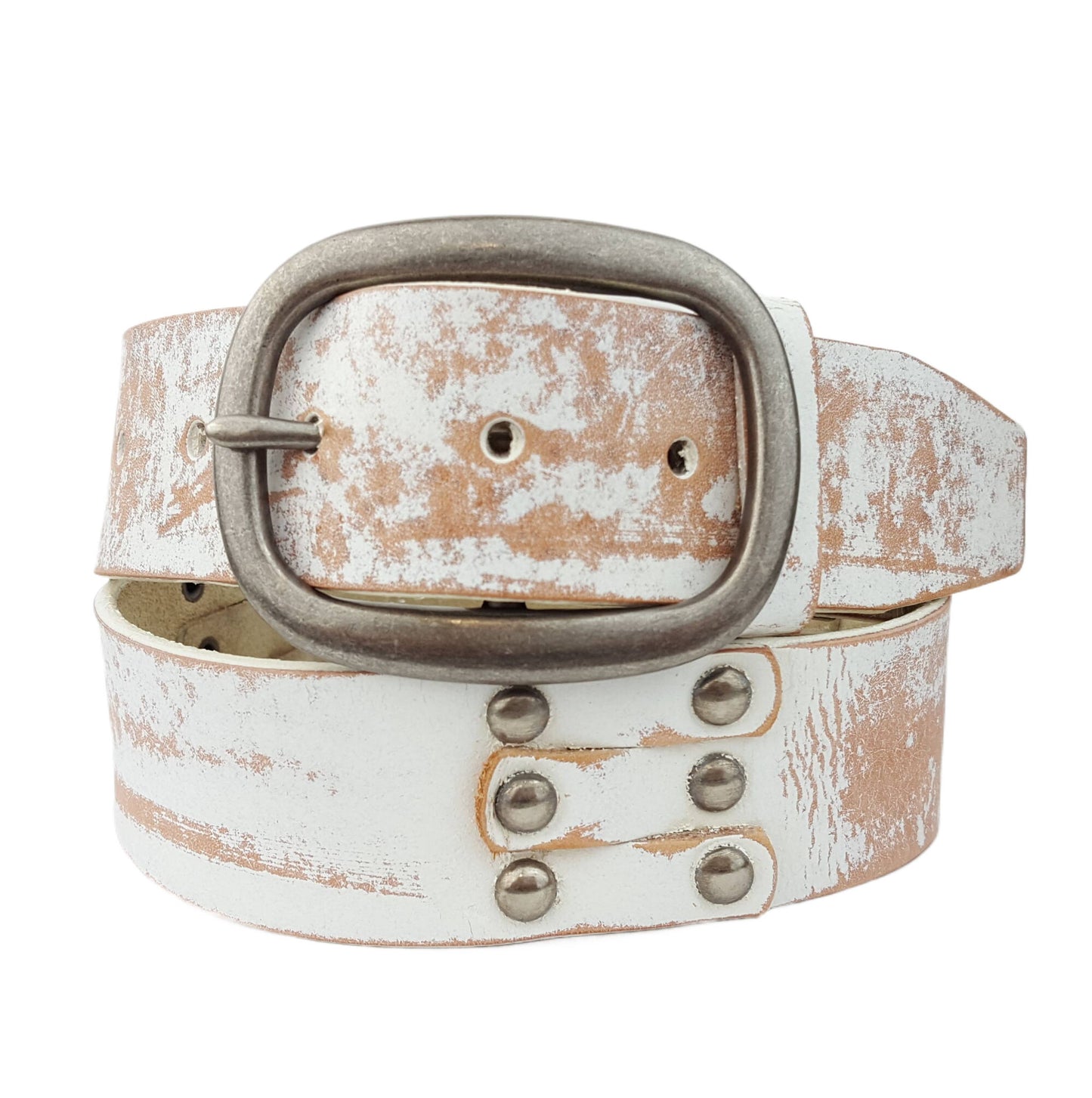 Distressed White Genuine Studded Leather Belt