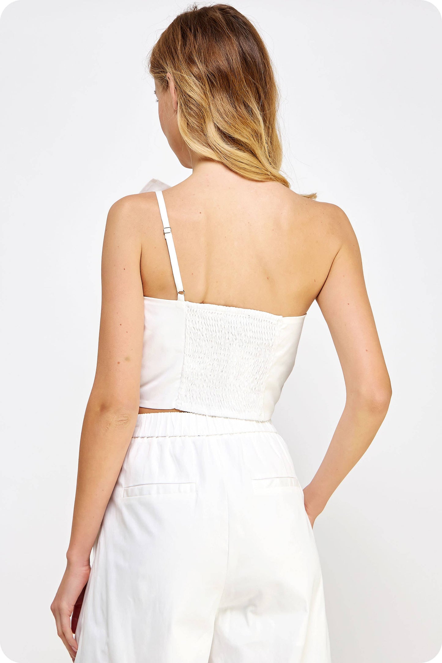 One-Shoulder Knotted Flower Bow Crop Top: Sky Blue / L