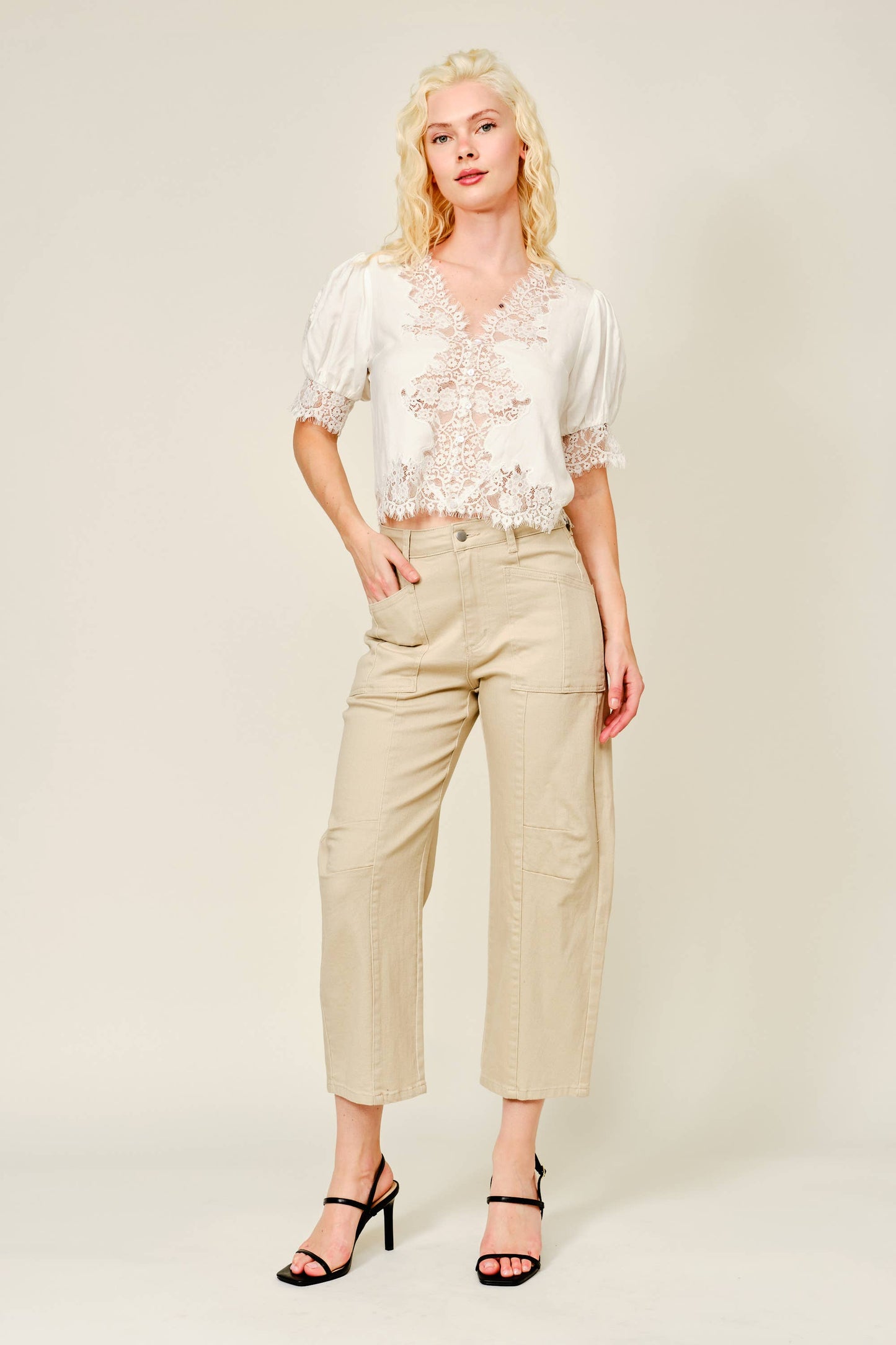 Lace Trim Puff Sleeve Button Blouse