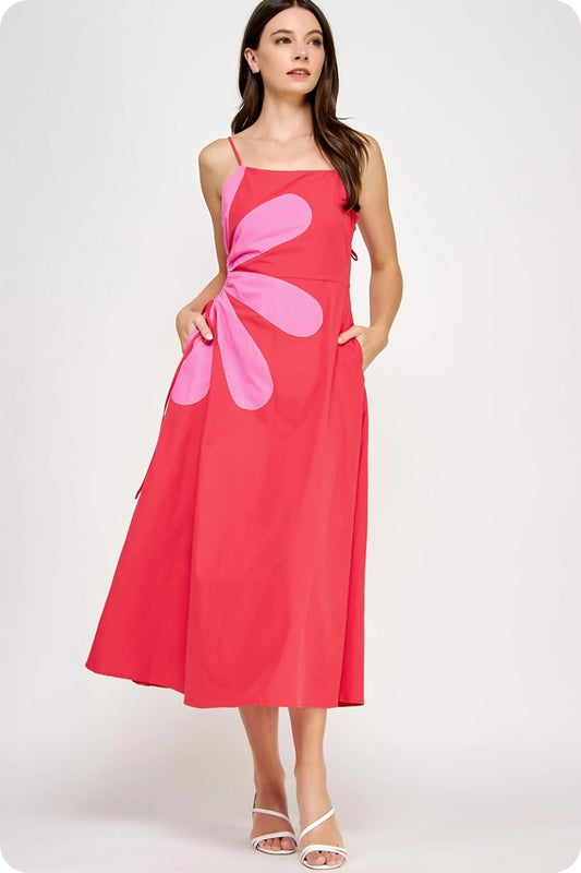 Red/Pink Sleeveless Side Cut-Out Flower Detail Midi Dress
