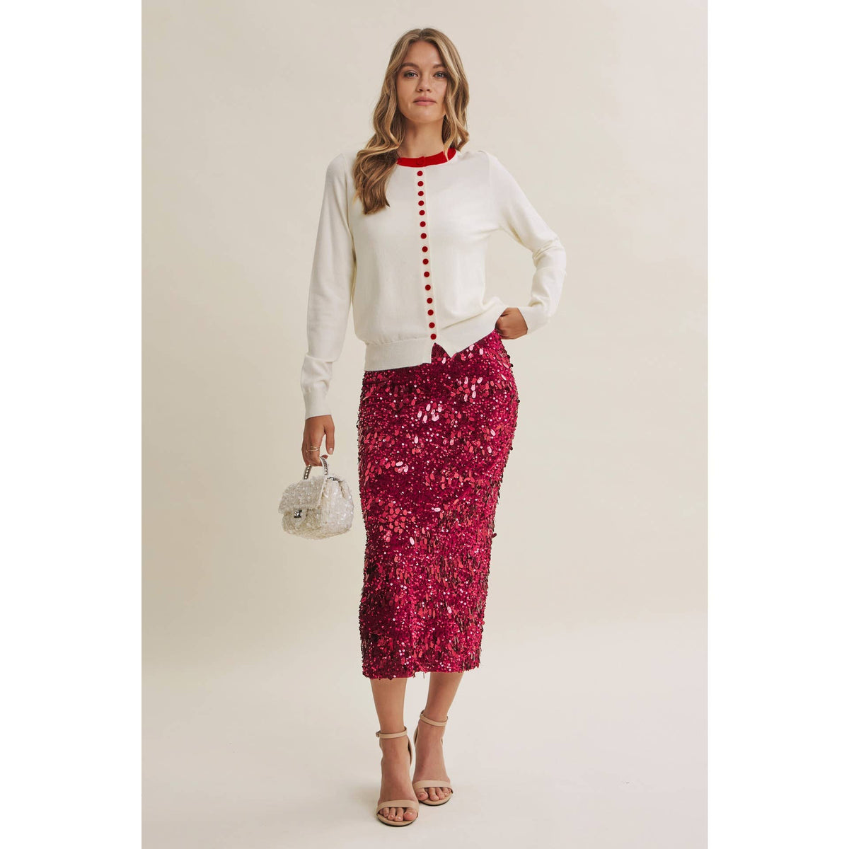 Harvest Glow Sequin Midi Skirt in Cranberry Kiss