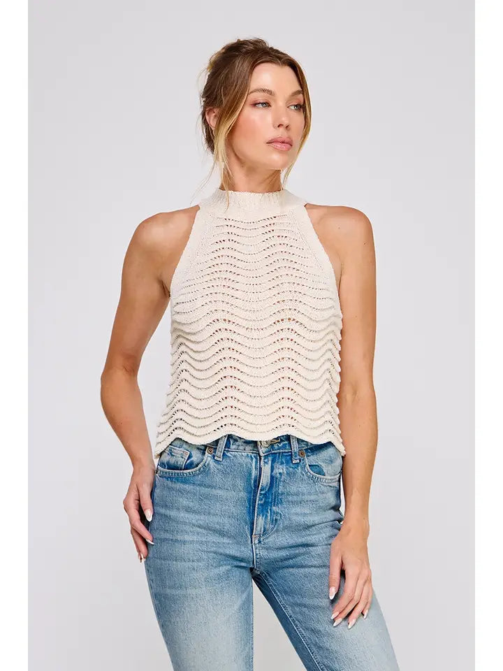 Wavy & Scallop Patterned Knit Halter Tank Top