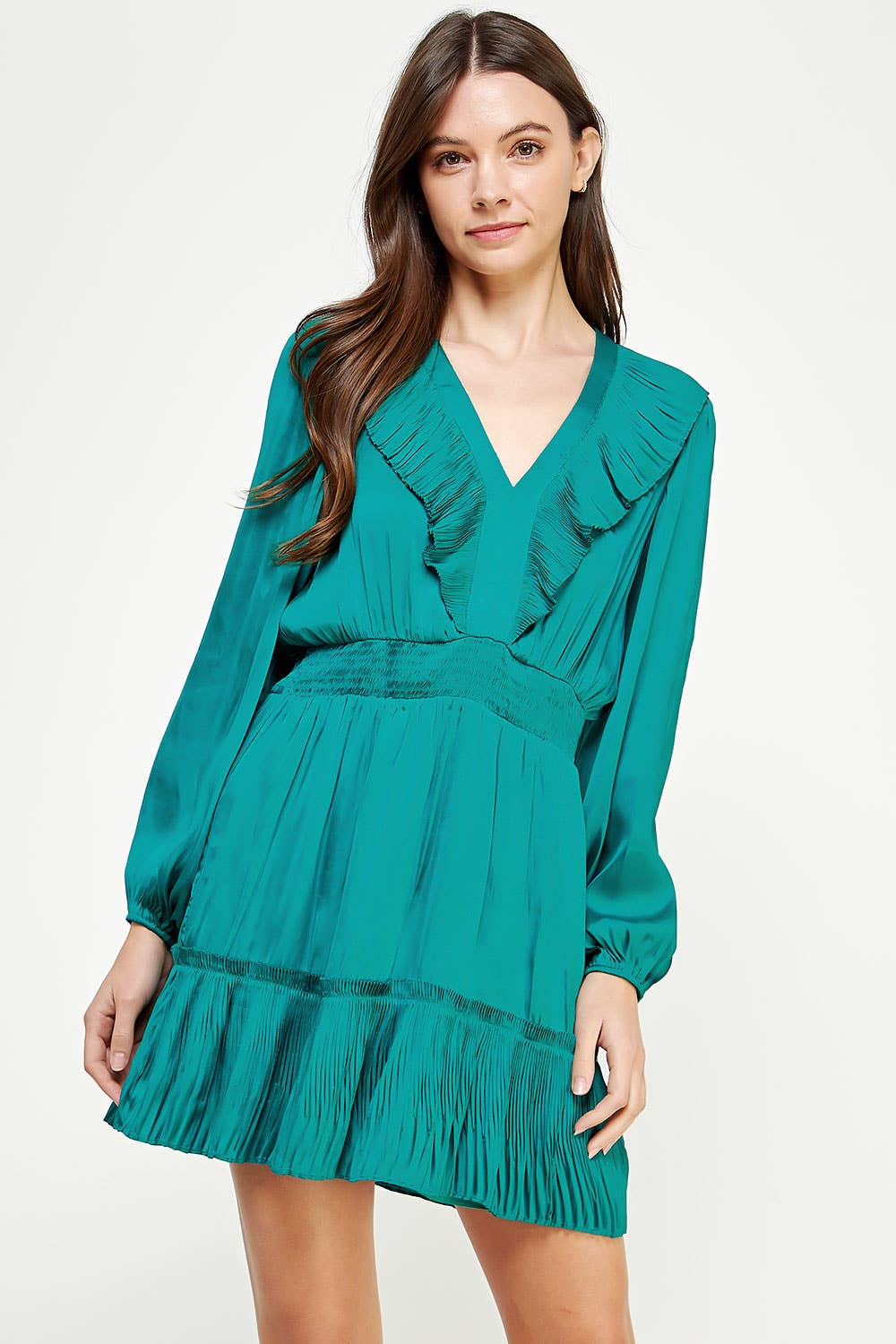 Teal Pleated Bib Detail Satin Mini Dress
