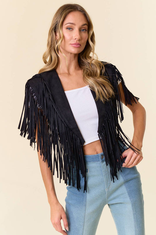 Black Fringe Suede Collar Shrug