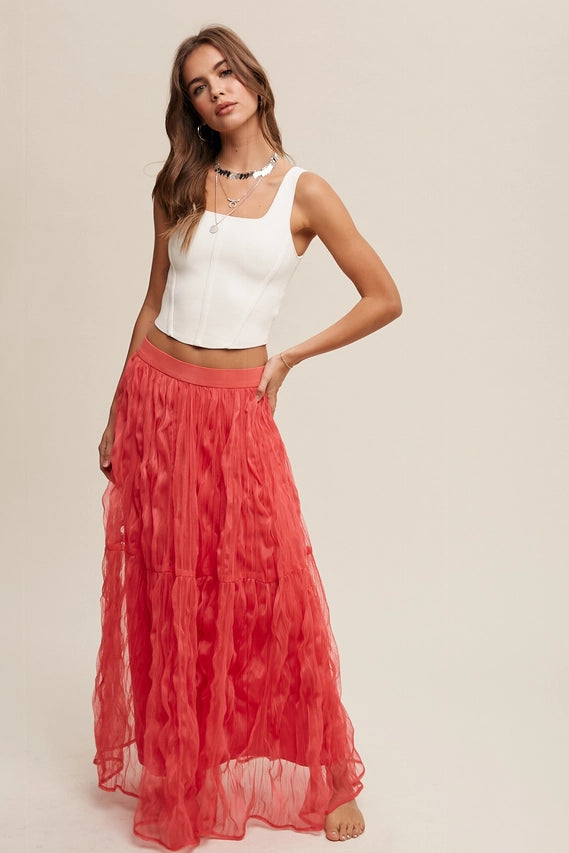 Coral Crinkled Mesh Maxi Skirt