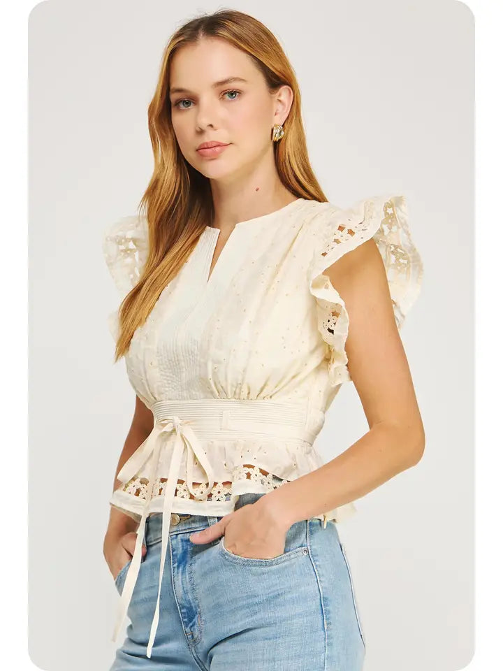 Cream Eyelet Lace Trim Flutter Sleeve Peplum Top