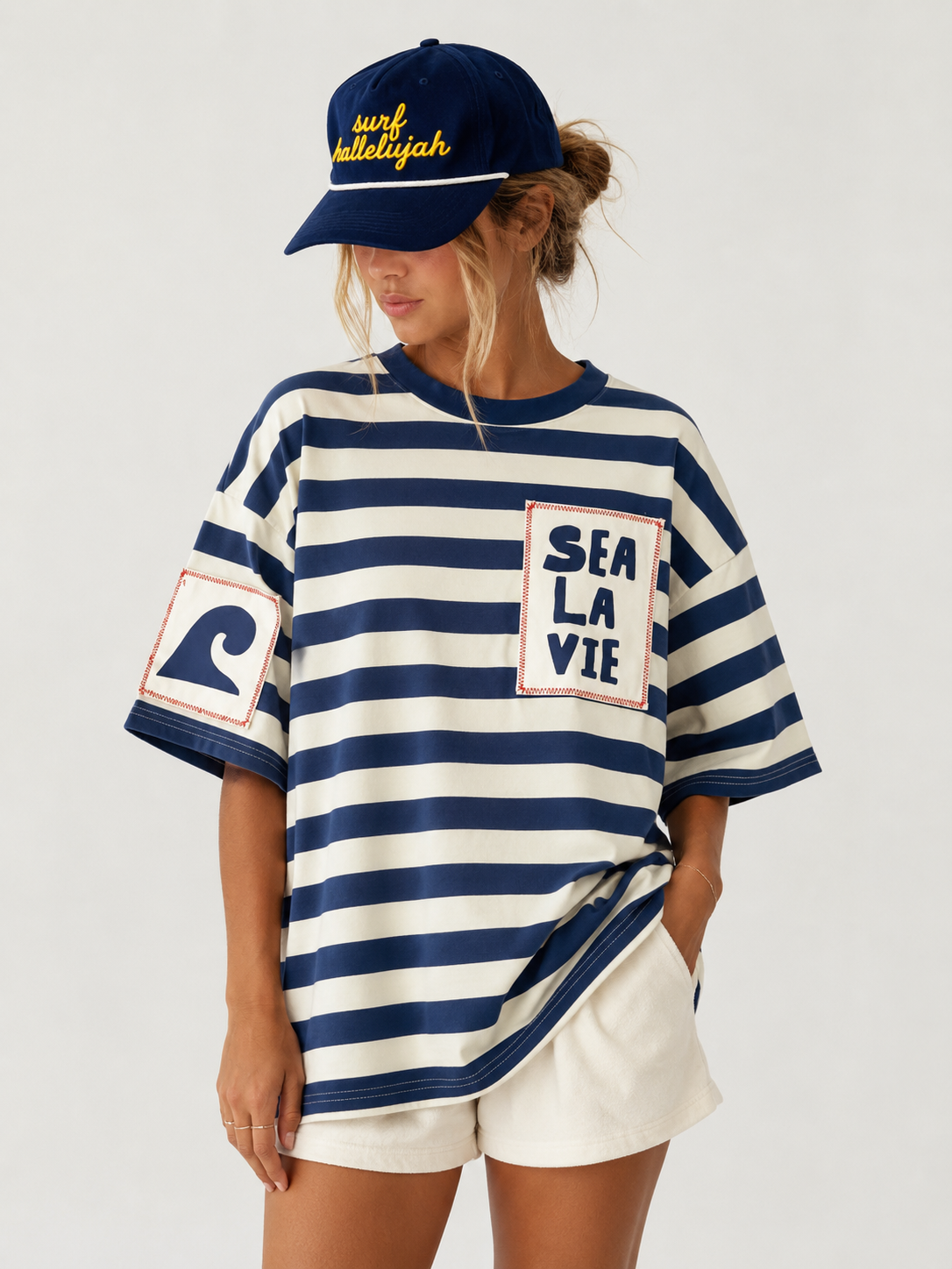 Sea La Vie Oversized Patch Stripe Tee: Navy Stripe / XS