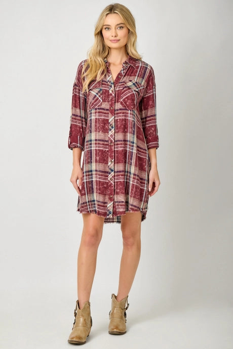 Maroon Plaid Button Up Dress