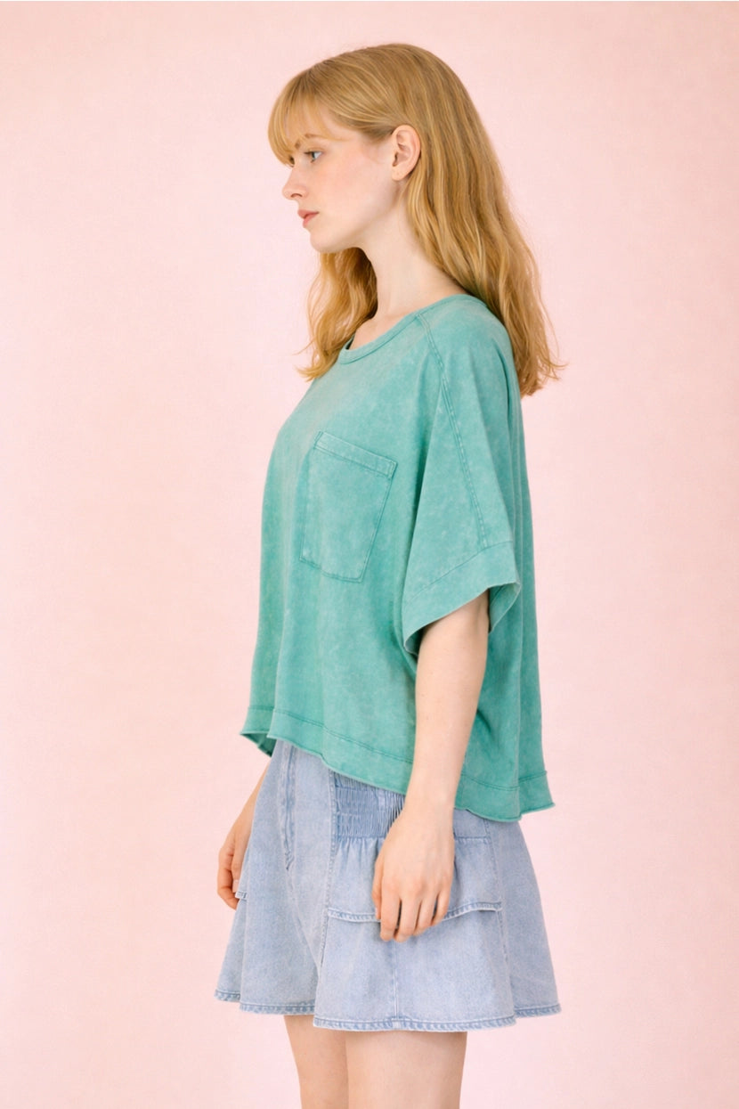 Seafoam Mineral Washed Oversized Crop Comfy Knit Top