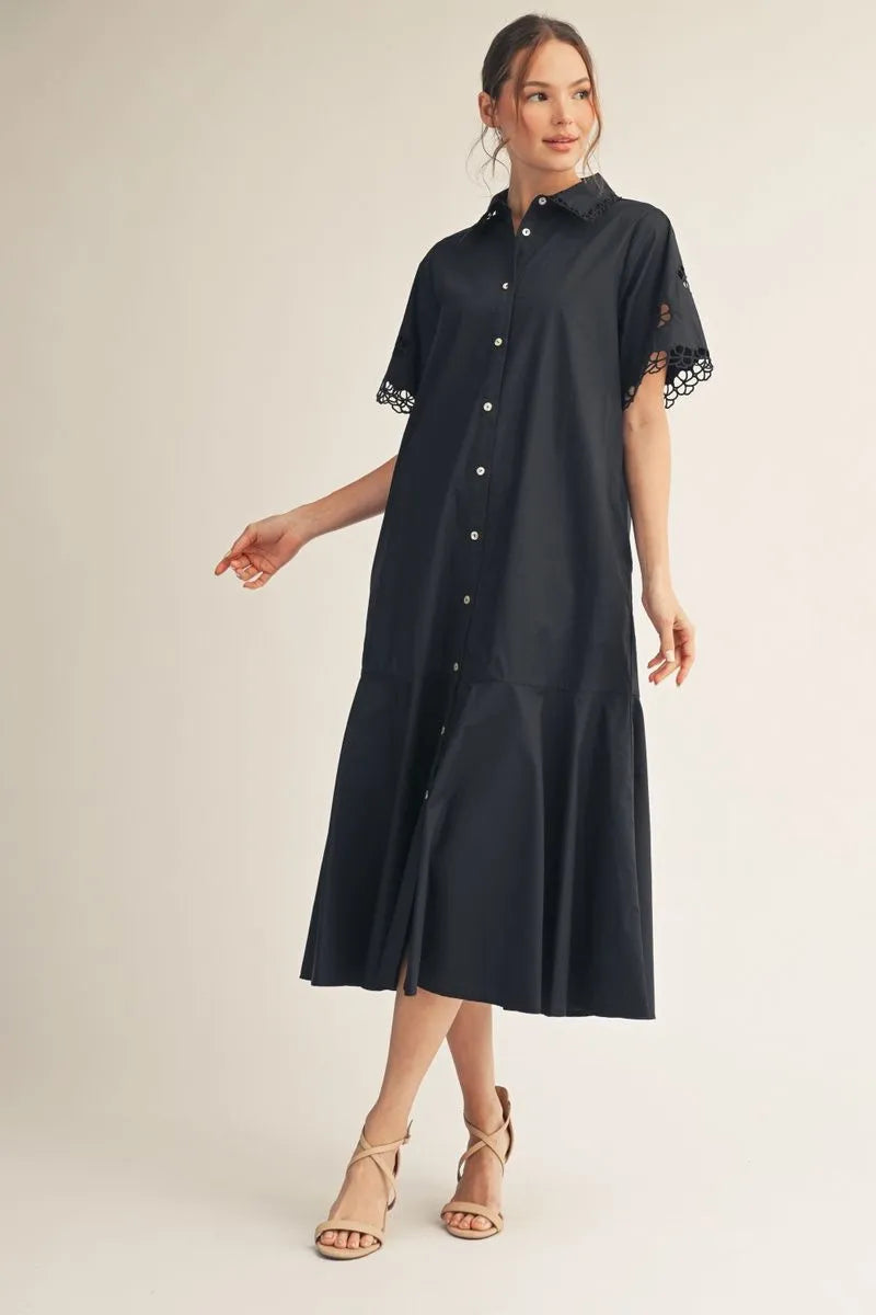 Midi flared hem, eyelet sleeve & collar dress