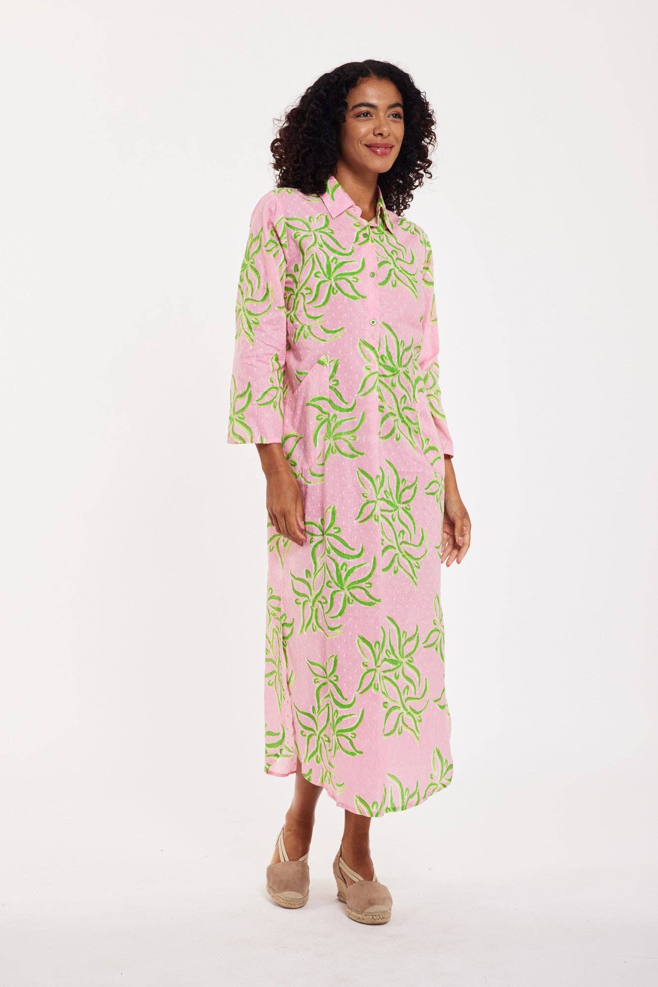 Gabriella Maxi Caftan Shirt Dress Pink Green Spring Summer: M