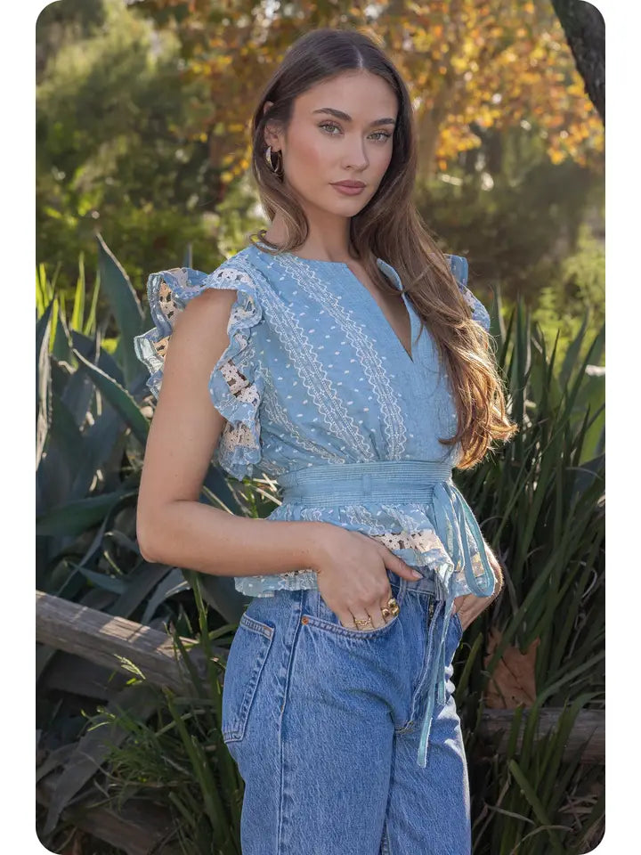 Chambray Embroidered Flutter Sleeves Lace Trim Detail Top