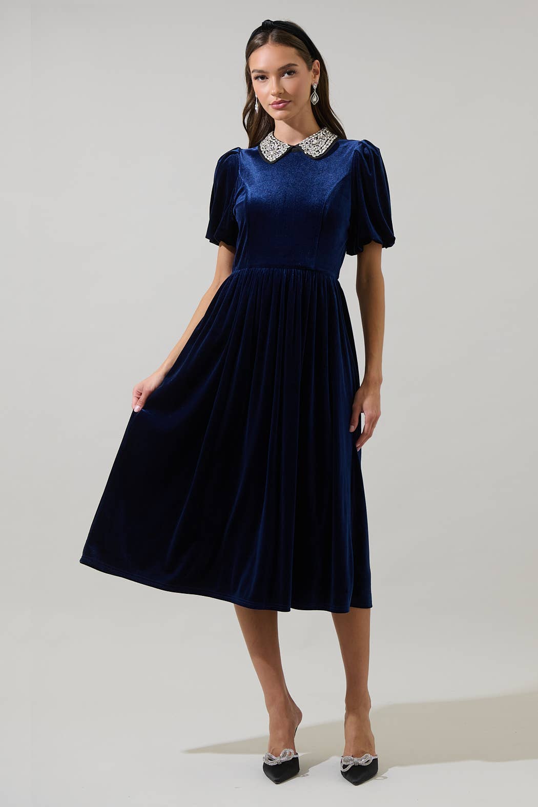 Francie Rhinestone Velvet Midi Dress: Navy