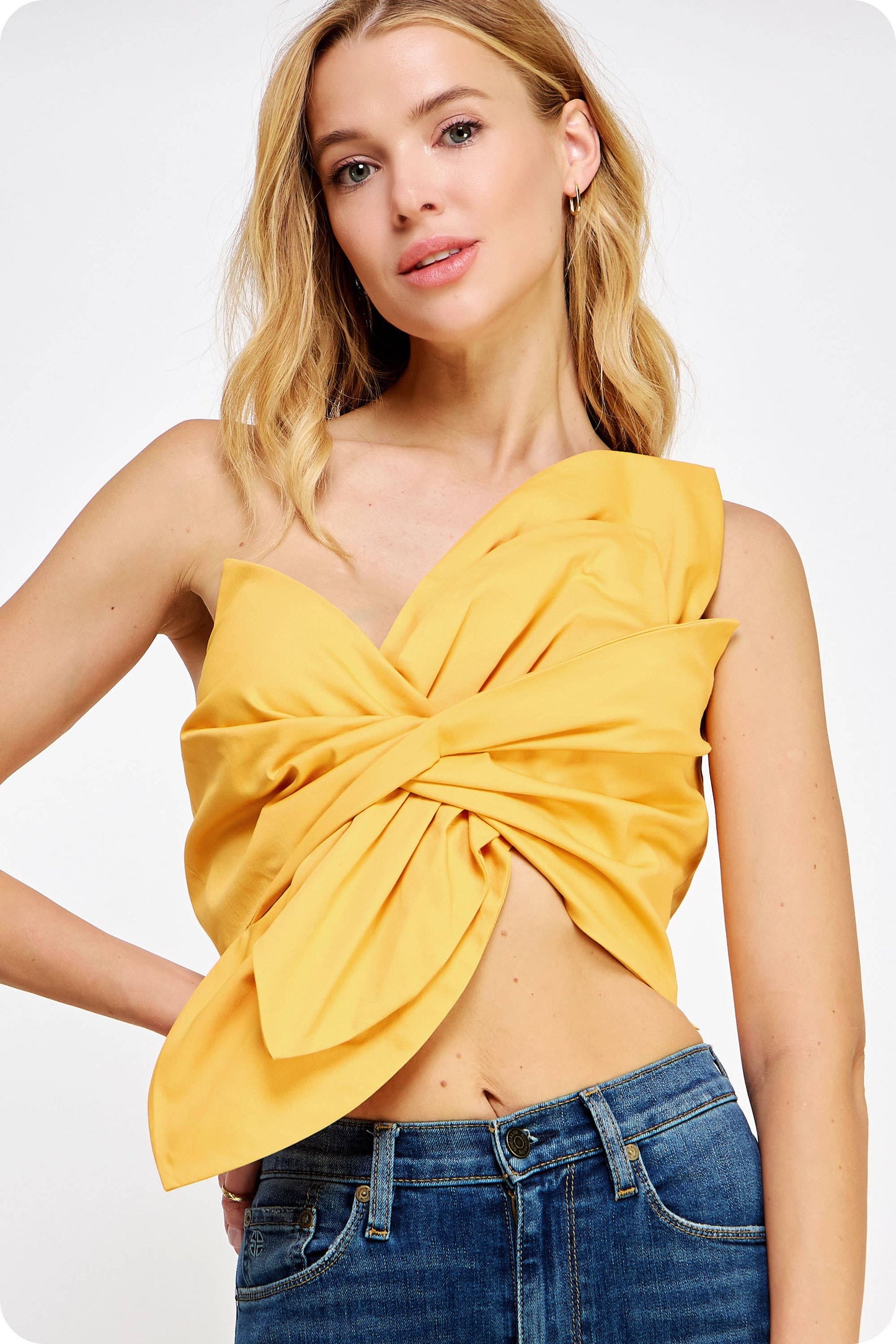 One-Shoulder Knotted Flower Bow Crop Top: Sky Blue / M